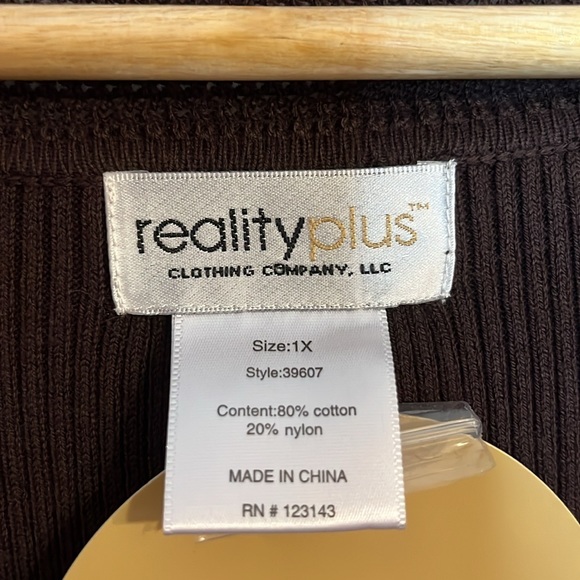 Dark Brown, Lattice Trim, Short Sleeve Sweater by Reality Plus 1X NWT - Picture 2 of 15
